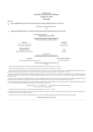 Thumbnail Delek Logistics Partners 10-K Annual Report 2014