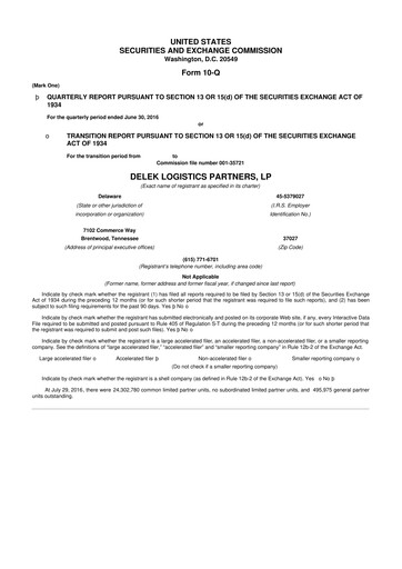 Thumbnail Delek Logistics Partners 10-Q Quarterly Report FY2016 