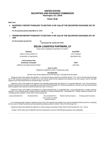 Thumbnail Delek Logistics Partners 10-Q Quarterly Report FY2018 