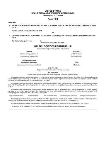 Thumbnail Delek Logistics Partners 10-Q Quarterly Report FY2018 