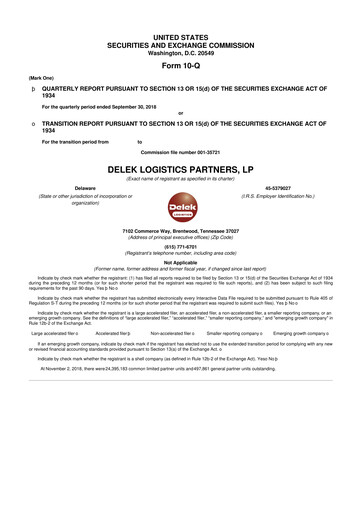 Thumbnail Delek Logistics Partners 10-Q Quarterly Report FY2018 