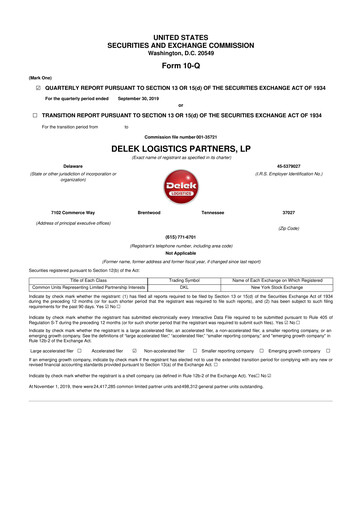 Thumbnail Delek Logistics Partners 10-Q Quarterly Report FY2019 