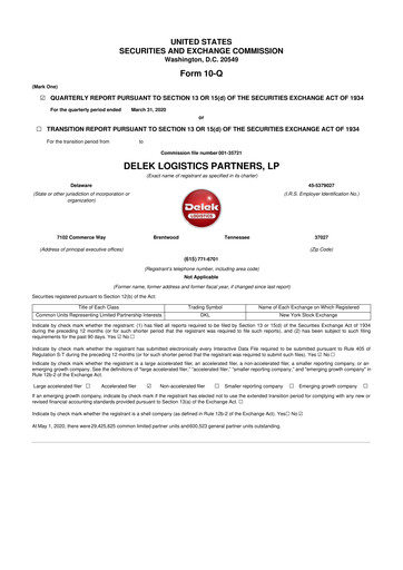 Thumbnail Delek Logistics Partners 10-Q Quarterly Report FY2020 