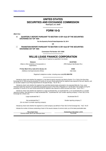 Thumbnail Willis Lease Finance Corporation 10-Q Quarterly Report FY2014 