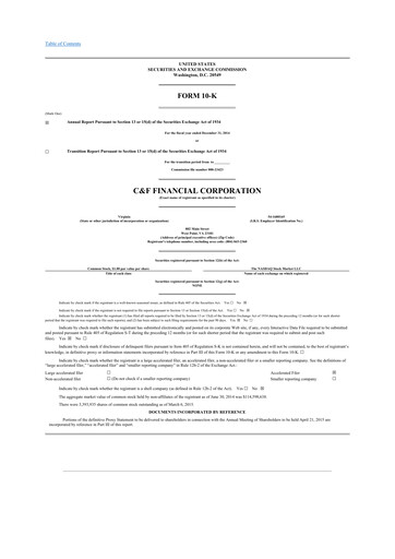 Thumbnail C&F Financial Corporation

 10-K Annual Report 2014