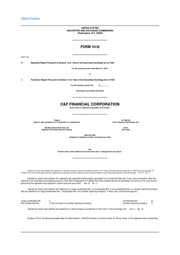 Thumbnail C&F Financial Corporation

 10-Q Quarterly Report FY2015 