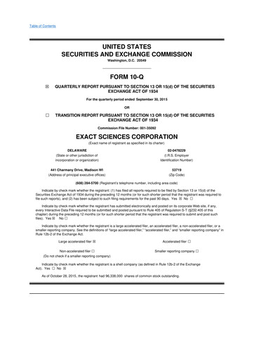 Miniature Exact Sciences 10-Q Rapport trimestriel 2015 