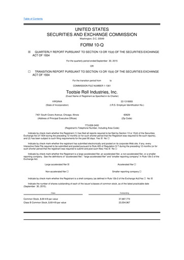 Miniature Tootsie Roll Industries
 10-Q Rapport trimestriel 2015 