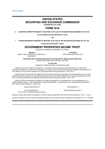 Vorschaubild Office Properties Income Trust 10-Q Quartalsbericht 2016 