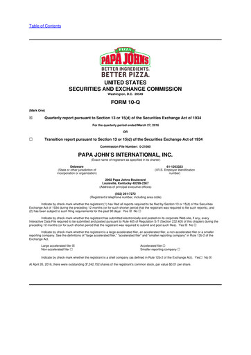 Thumbnail Papa John's Pizza
 10-Q Quarterly Report FY2016 