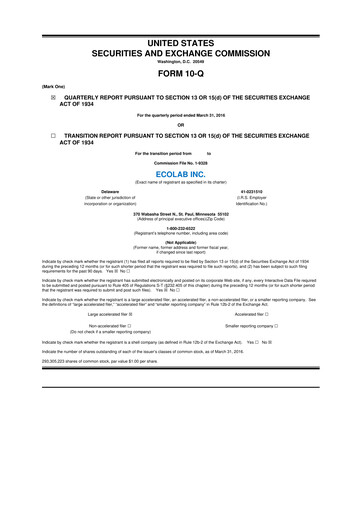 Miniature Ecolab 10-Q Rapport trimestriel 2016 