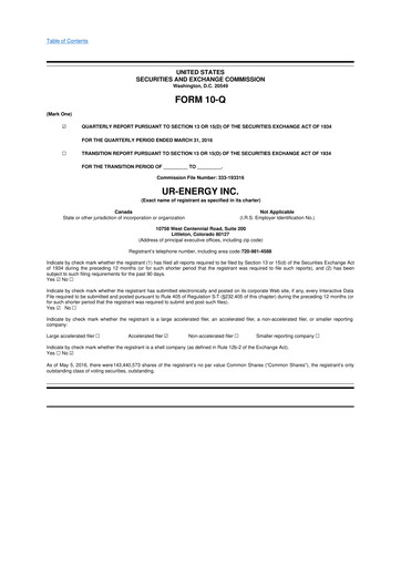 Thumbnail Ur-Energy 10-Q Quarterly Report FY2016 