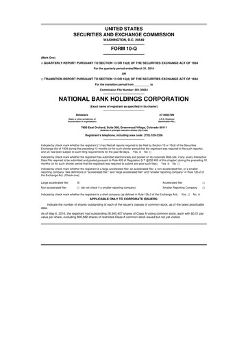Thumbnail National Bank Holdings
 10-Q Quarterly Report FY2016 