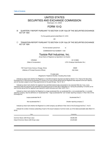 Miniature Tootsie Roll Industries
 10-Q Rapport trimestriel 2016 