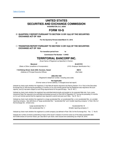 Miniature Territorial Bancorp
 10-Q Rapport trimestriel 2016 