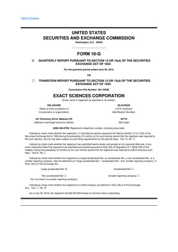 Miniature Exact Sciences 10-Q Rapport trimestriel 2016 