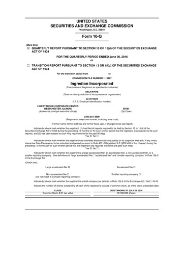 Thumbnail Ingredion 10-Q Quarterly Report FY2016 