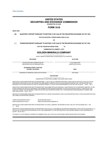 Miniature Golden Minerals
 10-Q Rapport trimestriel 2016 