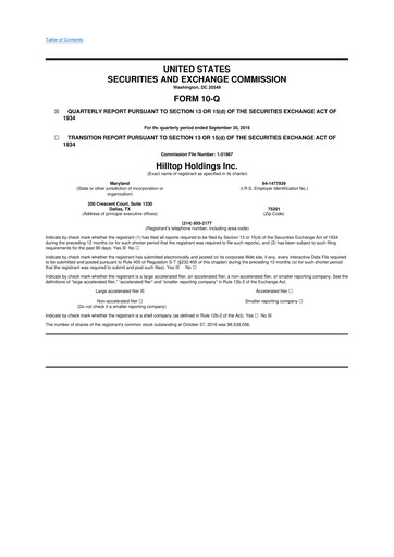 Miniature Hilltop Holdings 10-Q Rapport trimestriel 2016 