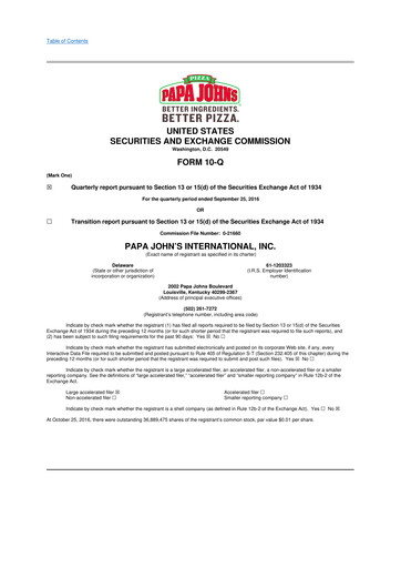 Thumbnail Papa John's Pizza
 10-Q Quarterly Report FY2016 