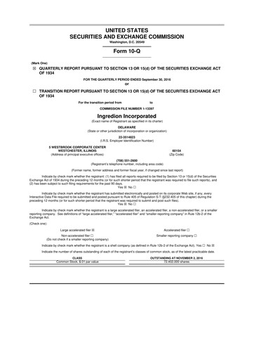 Thumbnail Ingredion 10-Q Quarterly Report FY2016 