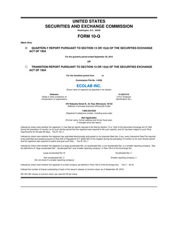 Miniature Ecolab 10-Q Rapport trimestriel 2016 