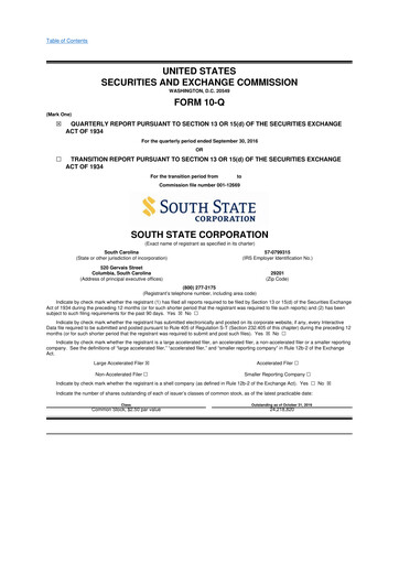 Miniature South State Corp 10-Q Rapport trimestriel 2016 