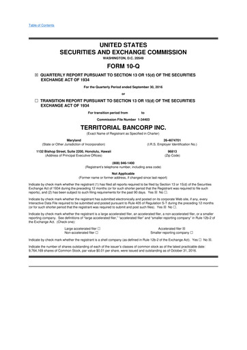Miniature Territorial Bancorp
 10-Q Rapport trimestriel 2016 