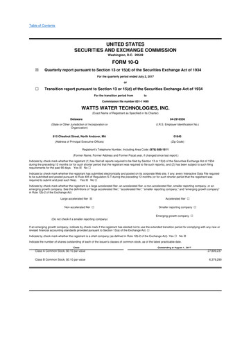 Miniature Watts Water Technologies
 10-Q Rapport trimestriel 2017 