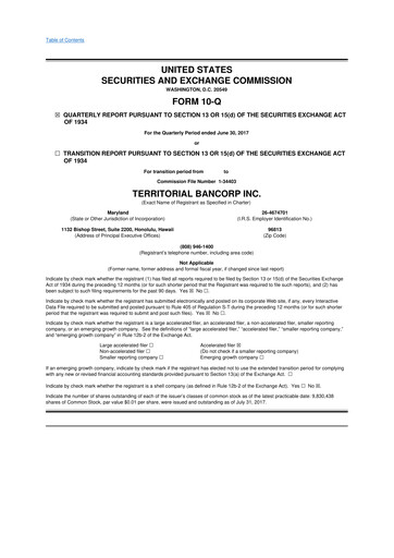 Miniature Territorial Bancorp
 10-Q Rapport trimestriel 2017 