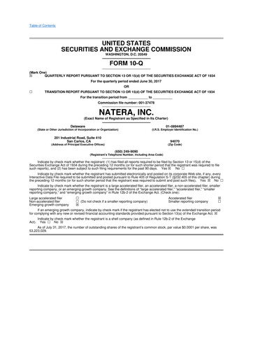 Miniature Natera 10-Q Rapport trimestriel 2017 