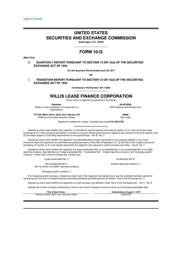 Thumbnail Willis Lease Finance Corporation 10-Q Quarterly Report FY2017 