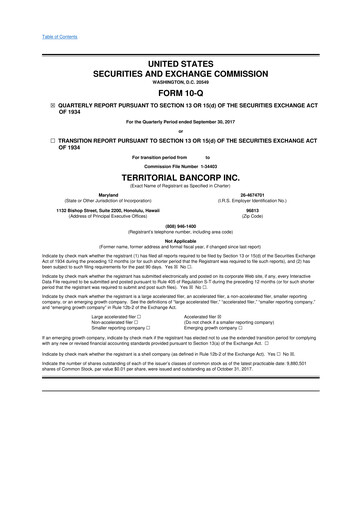 Miniature Territorial Bancorp
 10-Q Rapport trimestriel 2017 