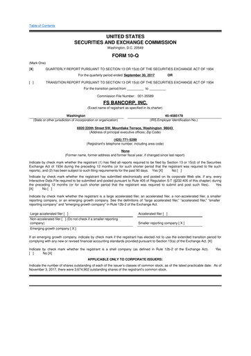 Thumbnail FS Bancorp 10-Q Quarterly Report FY2017 