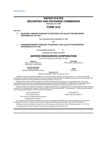 Thumbnail Antero Resources
 10-Q Quarterly Report FY2018 