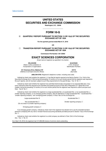 Miniature Exact Sciences 10-Q Rapport trimestriel 2018 