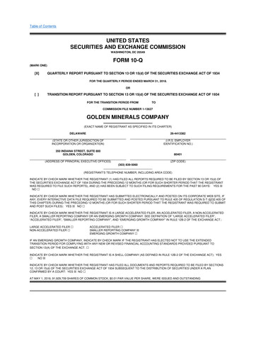 Miniature Golden Minerals
 10-Q Rapport trimestriel 2018 