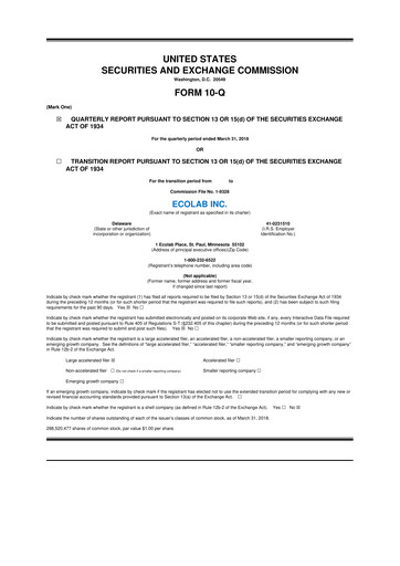 Miniature Ecolab 10-Q Rapport trimestriel 2018 