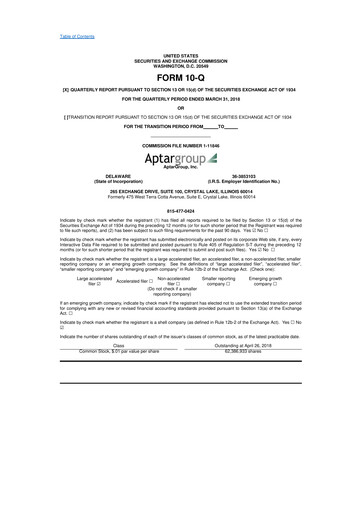 Miniature AptarGroup 10-Q Rapport trimestriel 2018 