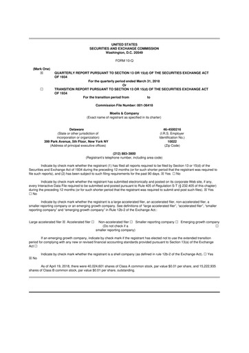 Miniature Moelis & Company 10-Q Rapport trimestriel 2018 
