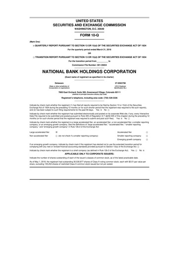 Thumbnail National Bank Holdings
 10-Q Quarterly Report FY2018 