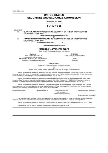 Thumbnail Heritage Commerce 10-Q Quarterly Report FY2018 