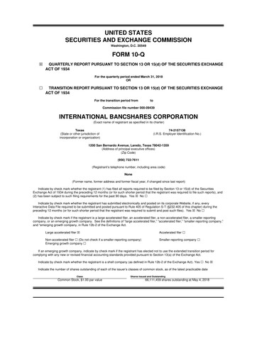 Thumbnail International Bancshares Corp 10-Q Quarterly Report FY2018 