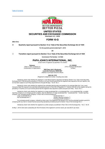 Thumbnail Papa John's Pizza
 10-Q Quarterly Report FY2018 