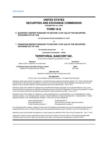 Miniature Territorial Bancorp
 10-Q Rapport trimestriel 2018 