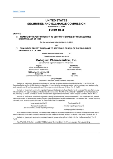 Thumbnail Collegium Pharmaceutical
 10-Q Quarterly Report FY2018 