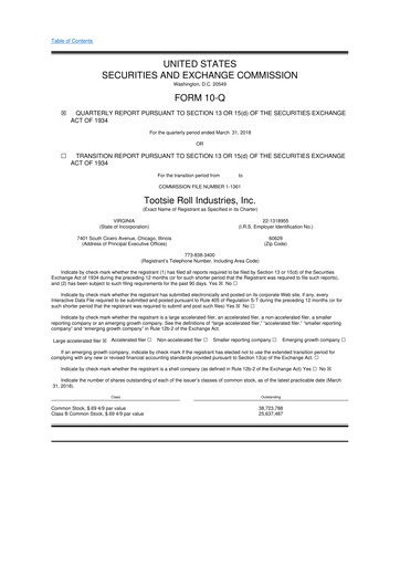 Miniature Tootsie Roll Industries
 10-Q Rapport trimestriel 2018 