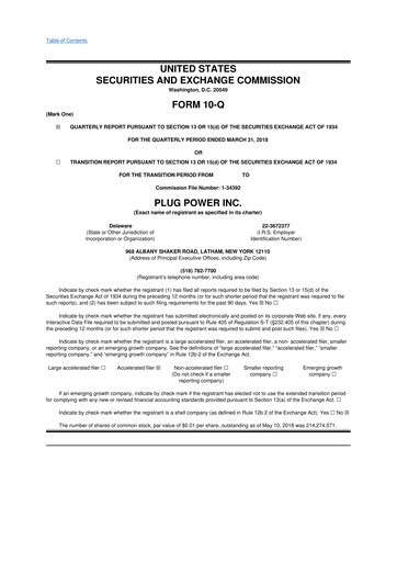 Thumbnail Plug Power 10-Q Quarterly Report FY2018 