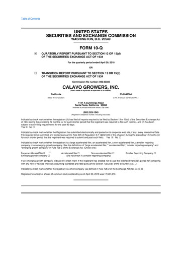 Thumbnail Calavo Growers
 10-Q Quarterly Report FY2018 