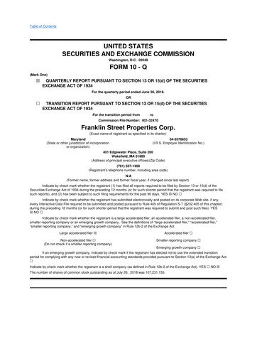 Miniature Franklin Street Properties 10-Q Rapport trimestriel  